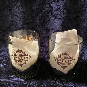 SKELLY Oil Gas 1969 50th Anniversary Rocks Low Ball Glasses Old Fashion Set 2